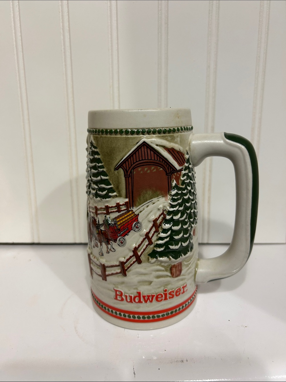Budweiser Holiday Stein in White, Green, Red, Brown